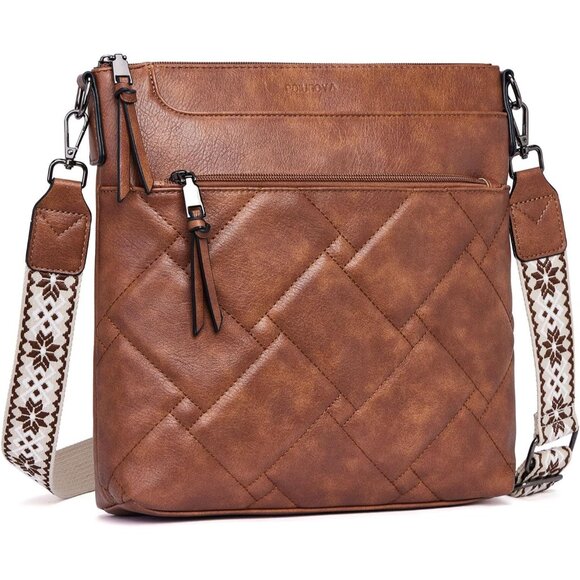 Brown Quilted Vegan Leather Crossbody Bag for Women with RFID Card Slots, Travel - Picture 1 of 7
